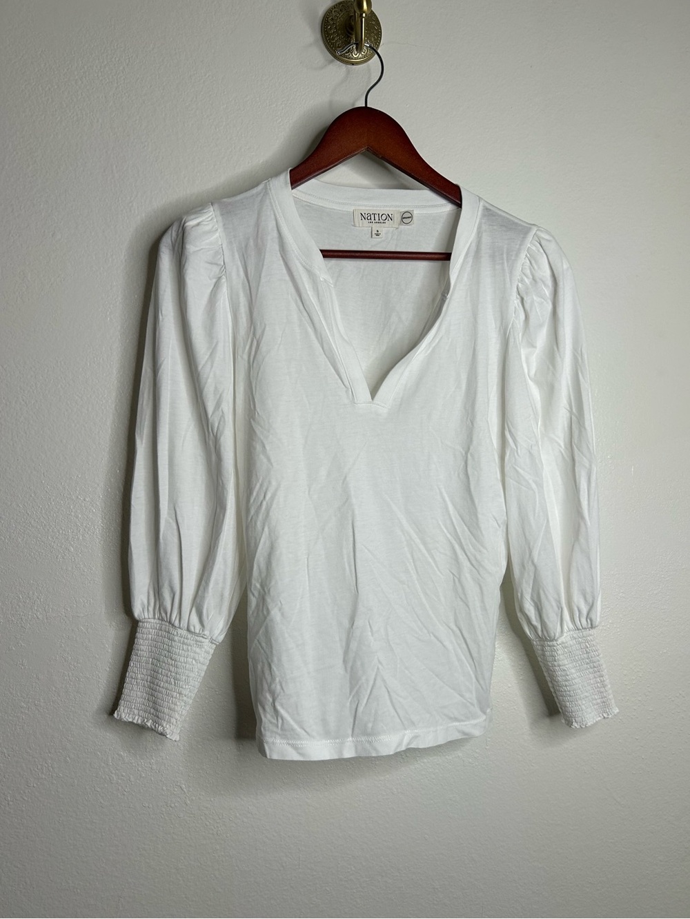 Nation LA 100% Organic Cotton Flora V - Neck Ruched T - Shirt White Long Sleeve